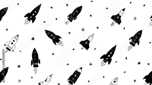 Cute cartoon space rockets and stars seamless pattern. Hand-drawn illustration for children's designs, textiles, and backgrounds.