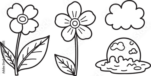 Simple black and white illustration of flowers and egg.