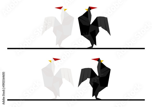 Geometric origami illustration featuring two pairs of black and white roosters with red combs, styled in a minimalist, low-poly vector art design.