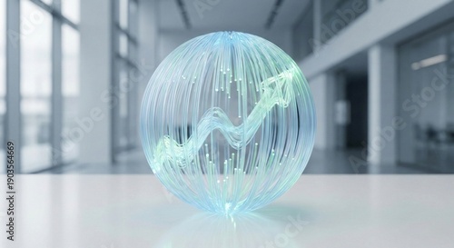 Abstract sphere made of glowing optical fibers forming a rising arrow graph of financial growth