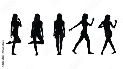 Five silhouettes of women in various dynamic poses and movements Vector