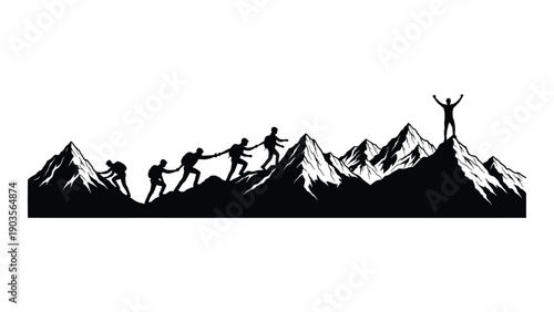 Silhouettes of people climbing and celebrating atop a mountain range Vector