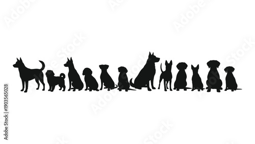 A diverse group of dogs standing in a line against a white background. Vector