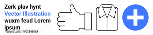 Approval, fashion, healthcare, positivity, decision-making, user interface. A thumbs-up, shirt collar and blue plus sign. Approval and fashion concepts with clear minimalist icons