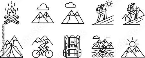 Outdoor adventure icon set, hiking camping biking kayaking illustration, mountain nature graphic pack, travel activity design, black and white artwork
