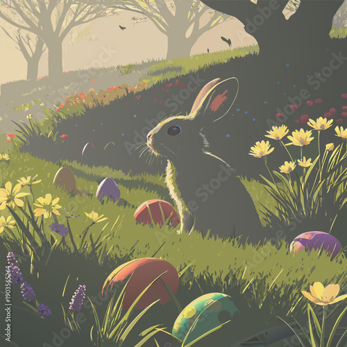 Charming 3D Easter bunny surrounded by brightly colored Easter eggs, ideal for spring holiday themes and joyful designs.