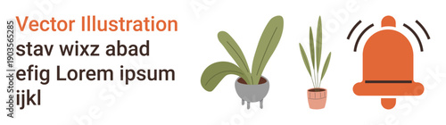 Home decor, plant care, notifications, digital alerts, gardening, greenery. Two potted plants alongside a ringing bell icon. Home decor and plant care concepts are