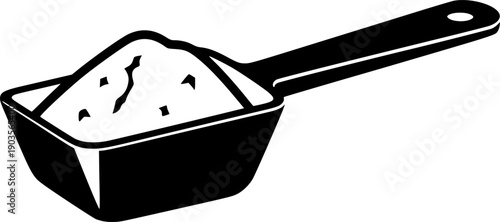 Plastic scoop measuring powder for nutrition, sports, cooking, or household use
