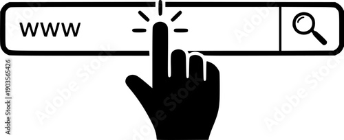 Hand cursor clicking on an internet search bar with www and a magnifying glass icon
