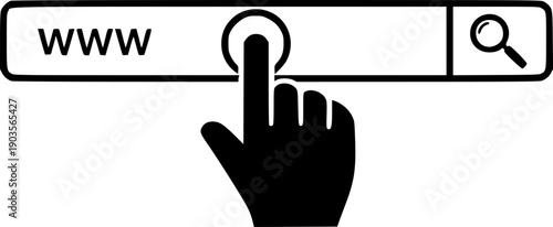 Hand cursor clicking on an internet search bar with www and a magnifying glass icon
