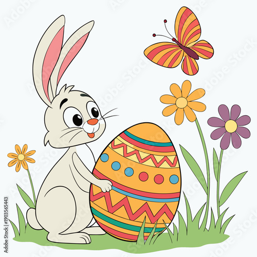 Cute cartoon rabbit with big ears sitting happily, ideal for Easter themes, children's illustrations, and spring marketing.