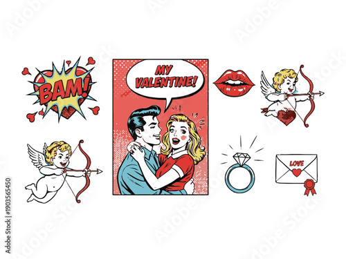 Retro Comic Style Valentine Love Illustration Set Design a retro comic book style Valentine illustration pack with bold outlines, vintage colors, pop art influence and expressive romantic symbols.