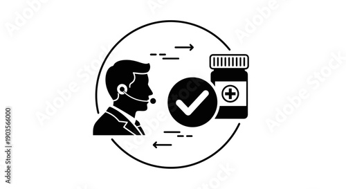 Healthcare Customer Support Icon: Doctor Consultation, Prescription Pill Bottle, Check Mark