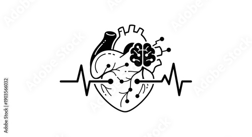 Heart and Brain Connection with EKG Line - Medical Technology Icon