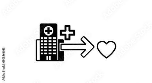 Hospital building medical icon with plus sign and heart symbol, healthcare concept