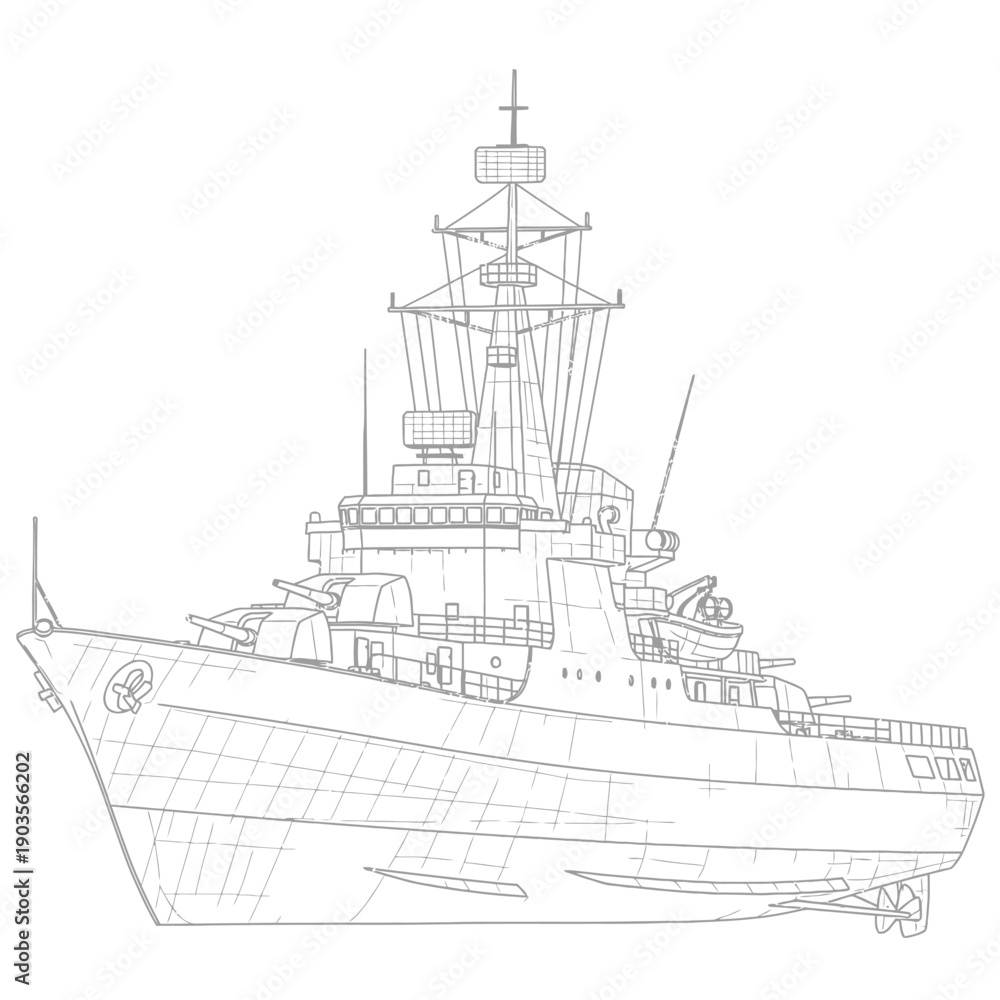 Fototapeta premium Detailed Blueprint Sketch of a Modern Warship.