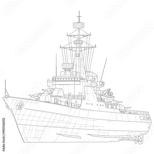 Detailed Blueprint Sketch of a Modern Warship.