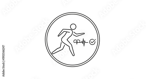 Running Man Icon with Heartbeat and Checkmark, Health Fitness Silhouette