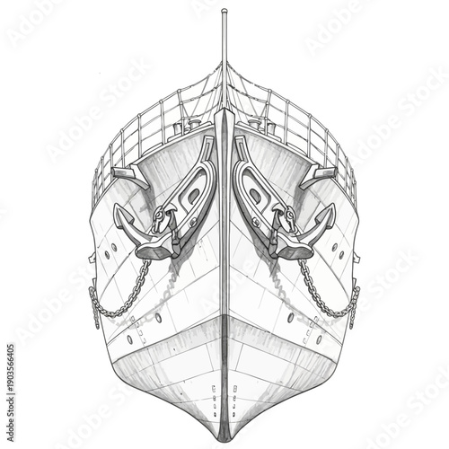 Detailed Drawing of the Bow of a Historic Sailing Ship with Anchors.