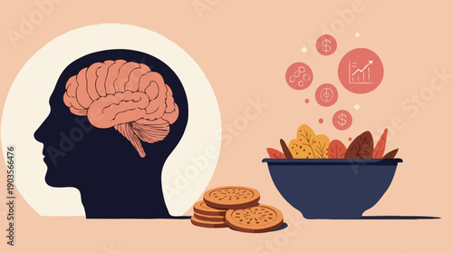 Silhouette head with exposed brain beside a bowl of autumn leaves and coins, flat vector illustrating financial wellness tied to mindful nutrition