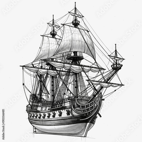 Detailed illustration of a majestic historical sailing ship with full sails.