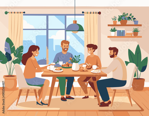Flat vector illustration of happy family spending time together at home