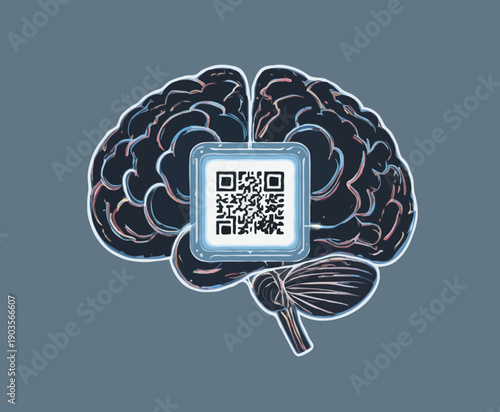 Neon-lit human brain with embedded QR code chip at the core, futuristic vector for AI nutrition coaching platform interface