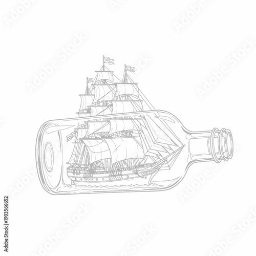Detailed illustration of a tall ship sailing inside a glass bottle.