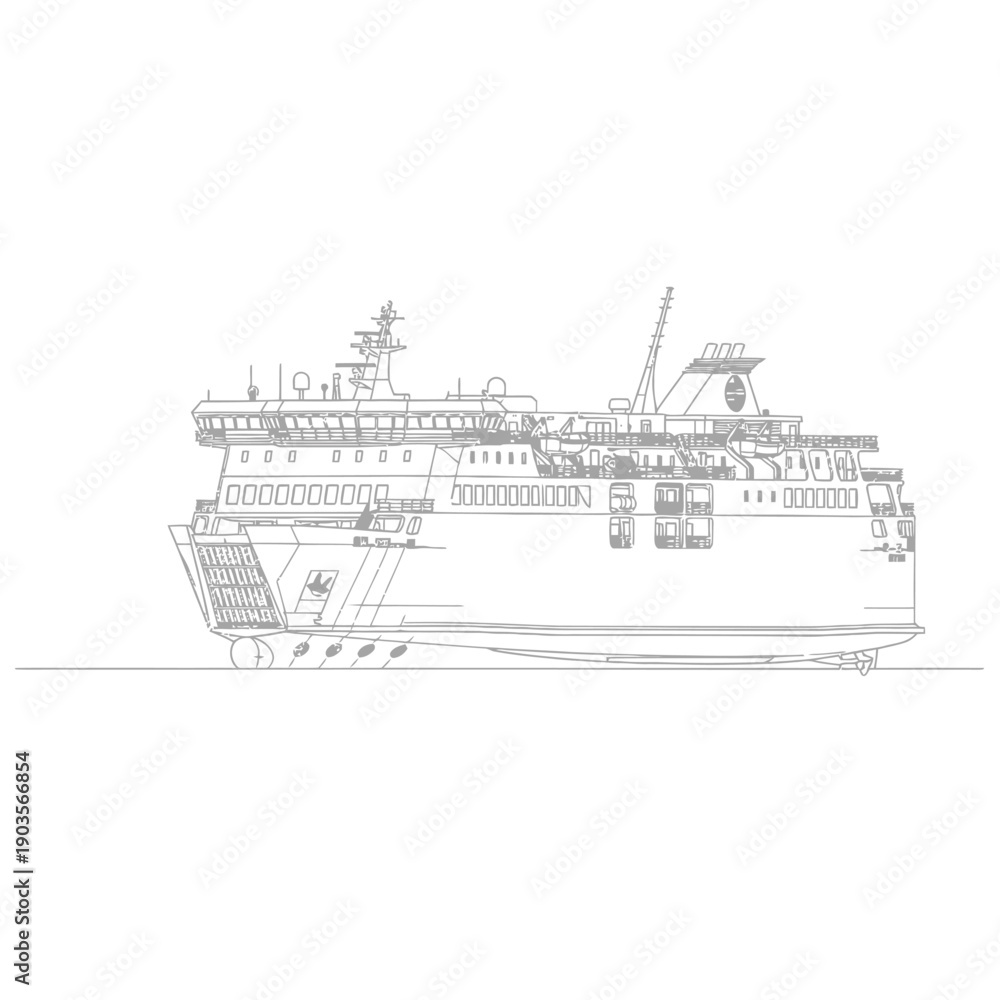 Obraz premium Detailed Line Drawing of a Large Passenger Ferry Ship.