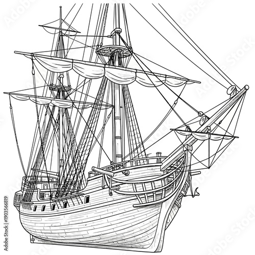 Detailed Line Drawing of a Historic Sailing Ship with Multiple Masts and Sails.