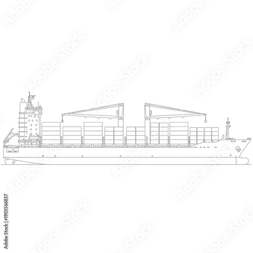 Detailed Line Drawing of a Large Container Ship Sailing on the Ocean.