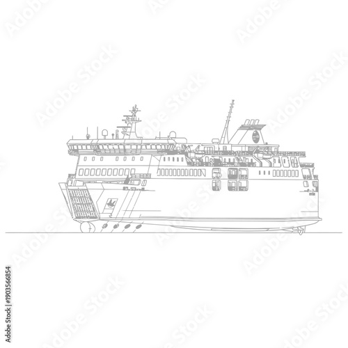 Detailed Line Drawing of a Large Passenger Ferry Ship.
