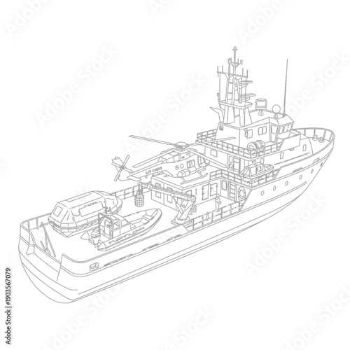 Detailed Line Drawing of a Modern Expedition Yacht.