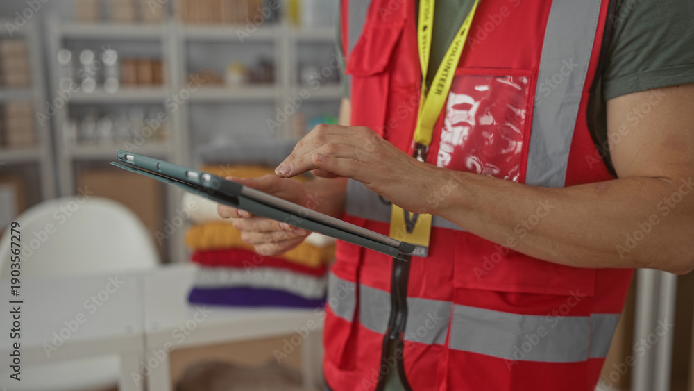 Obraz premium Man taps tablet with hands in volunteer center wearing red high visibility vest and lanyard, indoor donation room; compassion service.