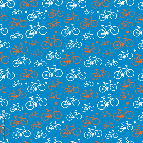 Blue bicycle seamless pattern with white and orange bike silhouettes for sports background