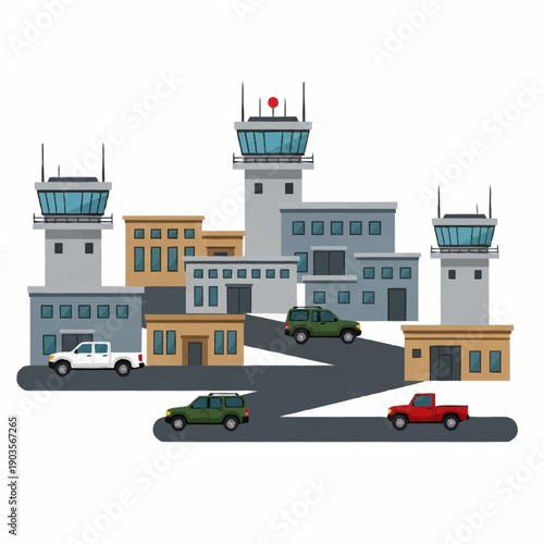 Airport control towers and buildings with cars on roads.