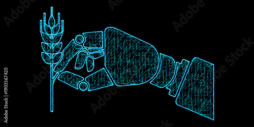 Smart Agriculture Concept with Robotic Hand Harvesting Wheat in Digital Mesh Wireframe Style for Agri-Tech Innovation