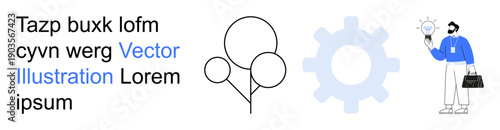 Innovation, business strategy, teamwork, problem solving, creative thinking, idea generation. Balloon shapes, gear graphic and person with lightbulb ion. Innovation and business strategy theme