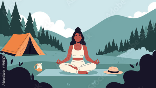 Peaceful woman practicing yoga and meditation in a lotus pose at a mountain campsite with a tent and beautiful nature.