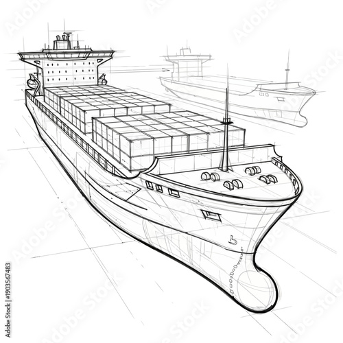 Detailed Sketch of a Large Cargo Ship Loaded with Containers.