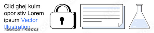 Data protection, research, privacy, cybersecurity, scientific analysis, record-keeping. Lock beside document and laboratory flask. Data security and research concept highlighting protection
