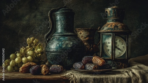 Dark and moody still life arrangement features antique metalware, fresh fruit, and dried fruit upon a rustic wooden surface.