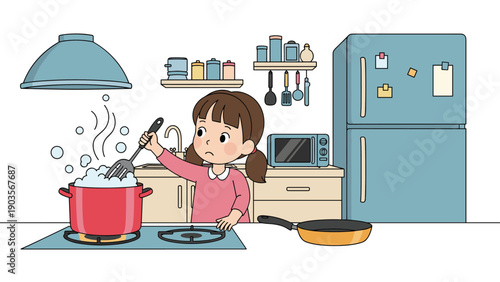 Young girl wearing a pink sweater stands in a kitchen stirring a steaming red pot on a stove while a frying pan sits nearby.