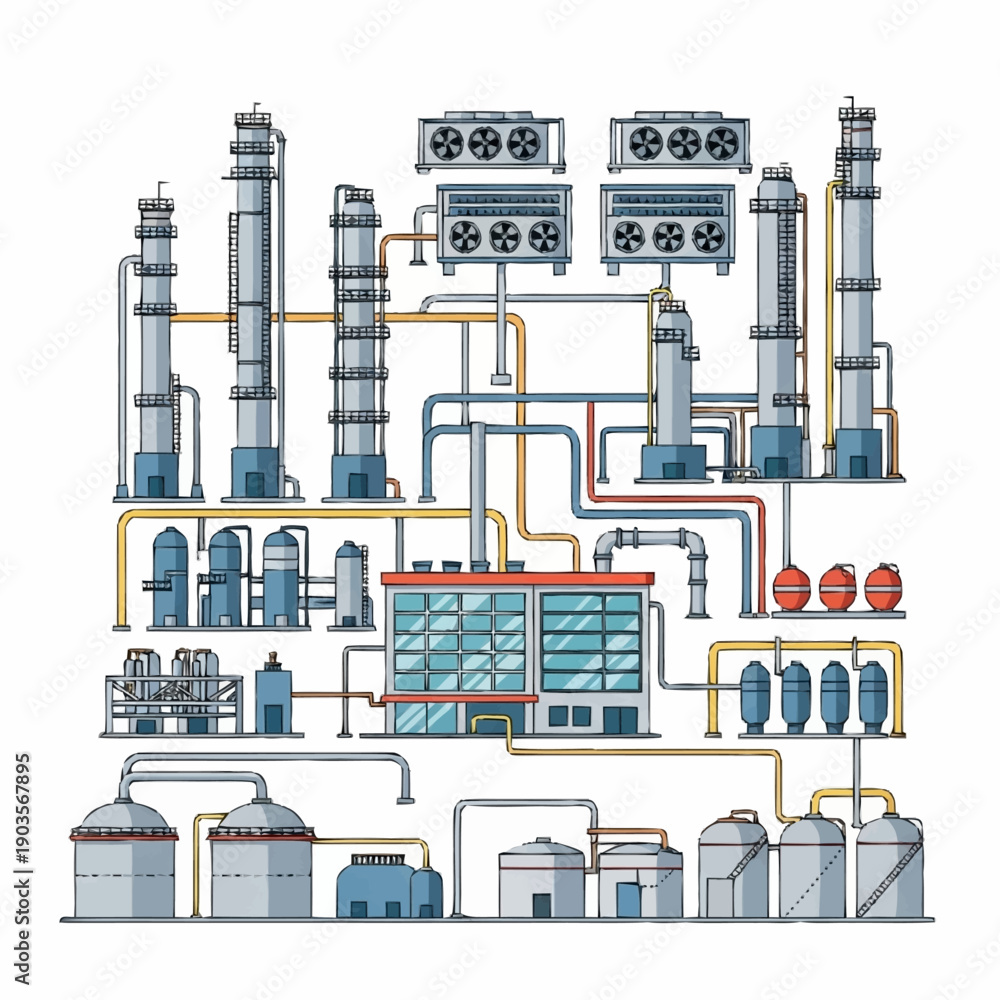 Naklejka premium Industrial chemical plant with intricate piping and storage tanks.
