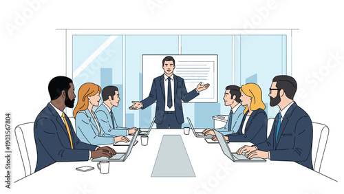 Male professional in a conference room gives a presentation to his colleagues sitting around a table with laptops in a city office.