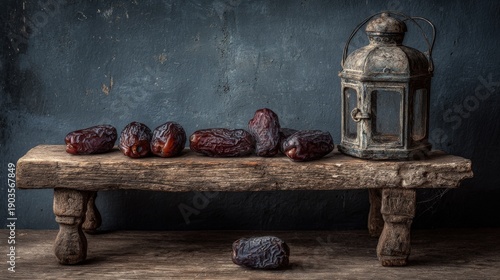 Dark, dried fruits and an antique metal lantern rest upon a rustic wooden surface against a textured blue wall.