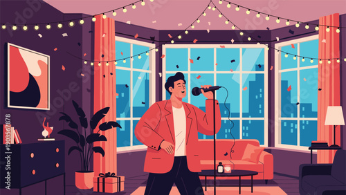Energetic man singing into a microphone during a home karaoke party in a decorated living room with city view windows.