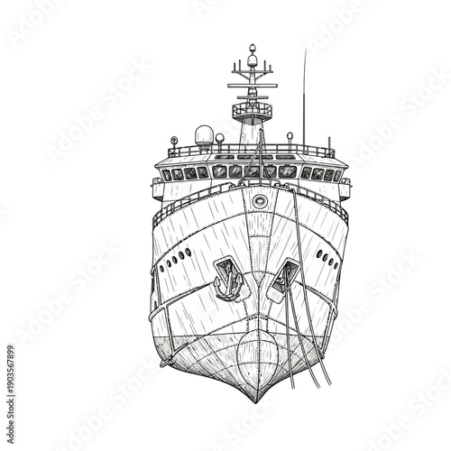 Detailed Sketch of a Large Ship Bow with Anchors and Ropes.