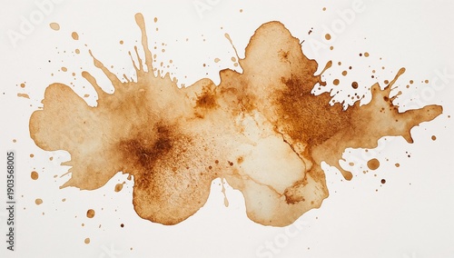 A dark brown coffee stain with irregular splashes and droplets on a white surface high quality