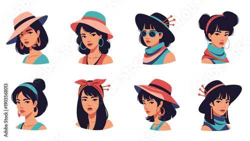 Collection of stylish female portraits featuring various hats, sunglasses, earrings, and scarves in a modern flat illustration style.